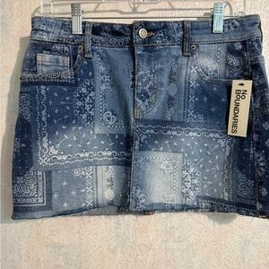 No Boundaries Indigo Bandana Denim Skirt, Sz 0-2, Cotton Blend